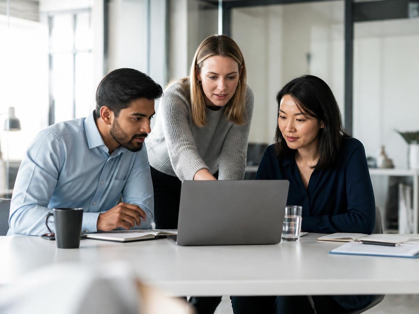 Three business professionals collaborate on a laptop during a workshop in a modern meeting room.