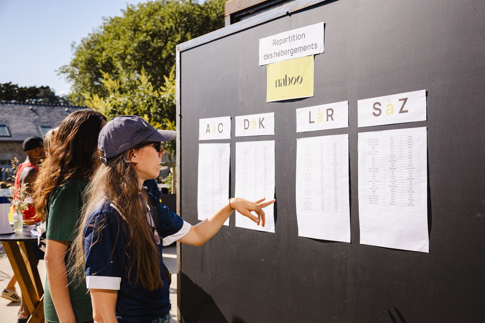 Naboo colleagues checking the room allocation board at a Naboo team seminar
