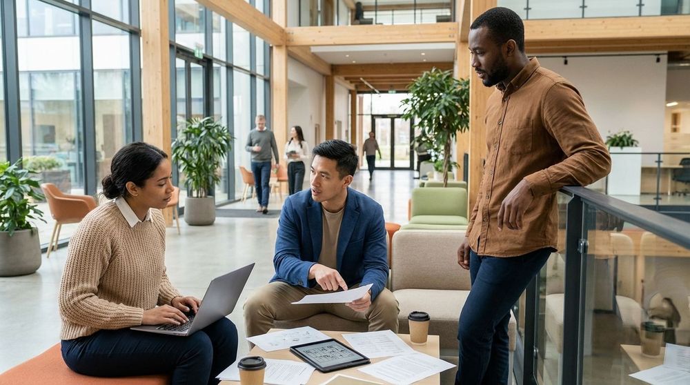 Team members collaborating to solve logic puzzles during a brain teaser challenge at work, testing analytical thinking and problem-solving skills.
