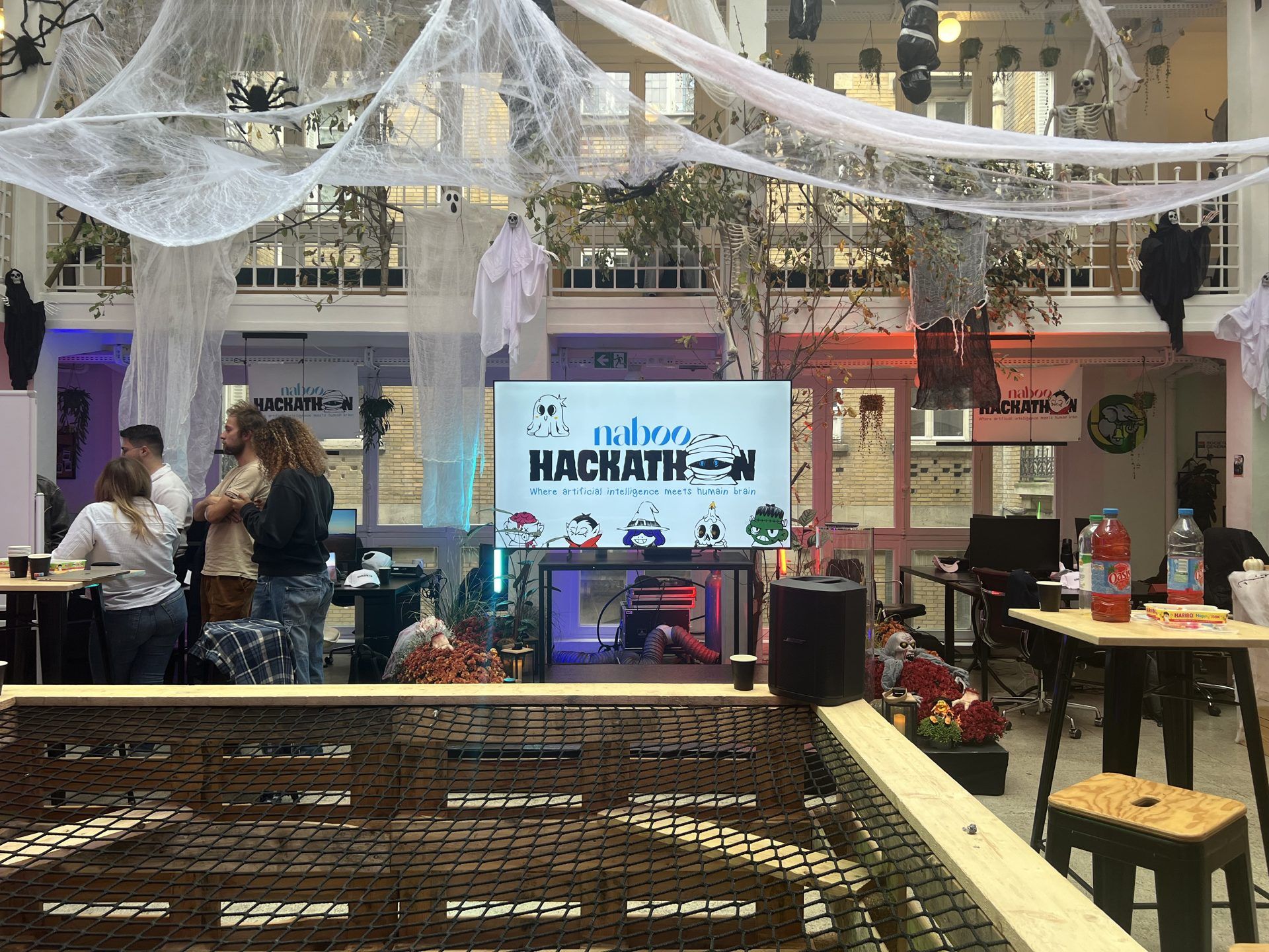 The Naboo office dressed up for the hackathon with cobwebs, lights and Halloween decorations