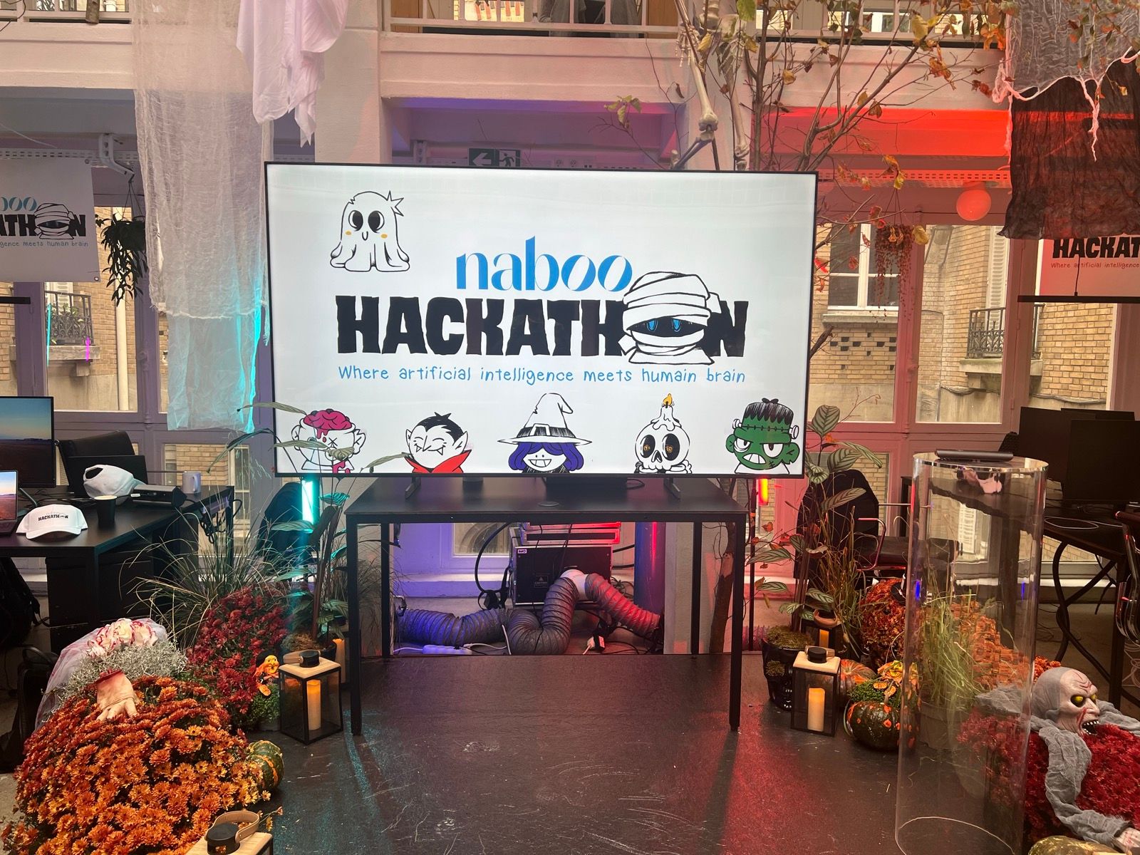 Naboo office in Paris decorated for Halloween during the Naboo AI hackathon, October 2025