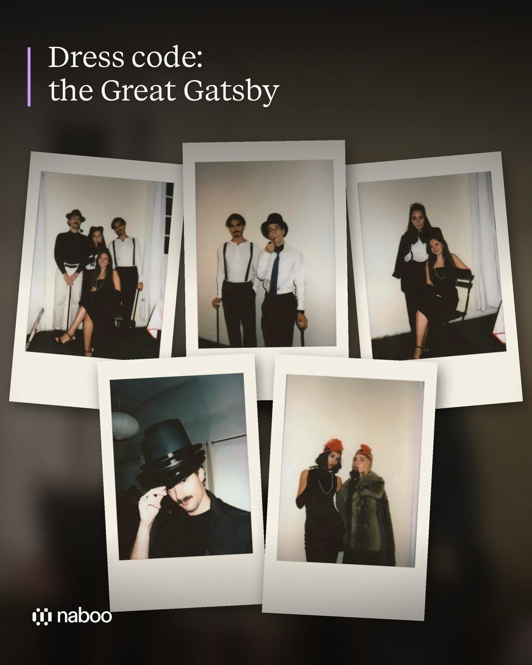 Instant photos of colleagues in Great Gatsby costumes for the murder party dress code