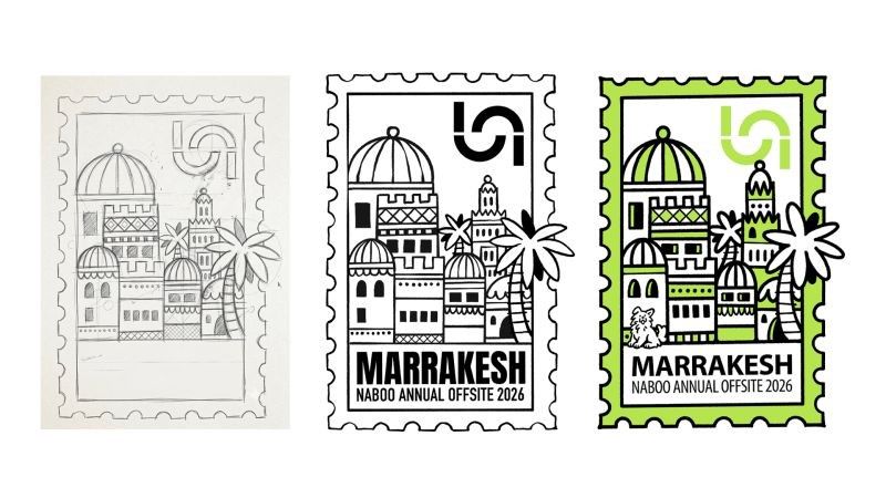 From pencil sketch to final artwork: the Marrakesh stamp design for the Naboo annual offsite 2026