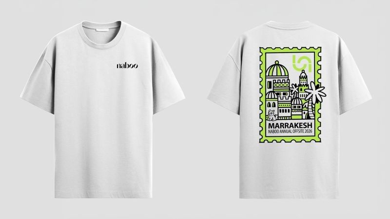 Front and back of the offsite T-shirt: a small Naboo mark on the chest, the Marrakesh illustration on the back