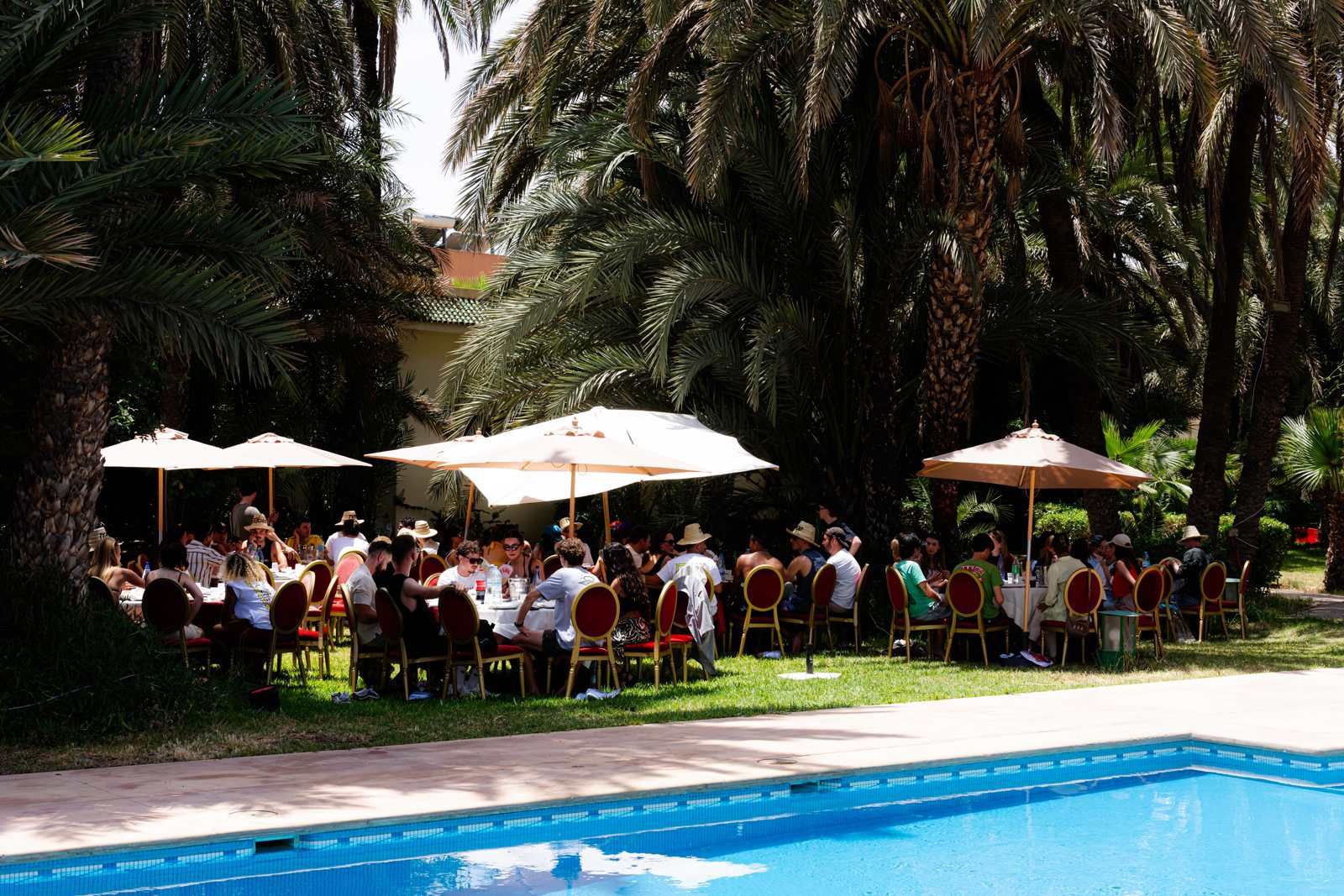 Naboo team lunch at tables under parasols in a palm garden beside the pool at the Marrakech offsite